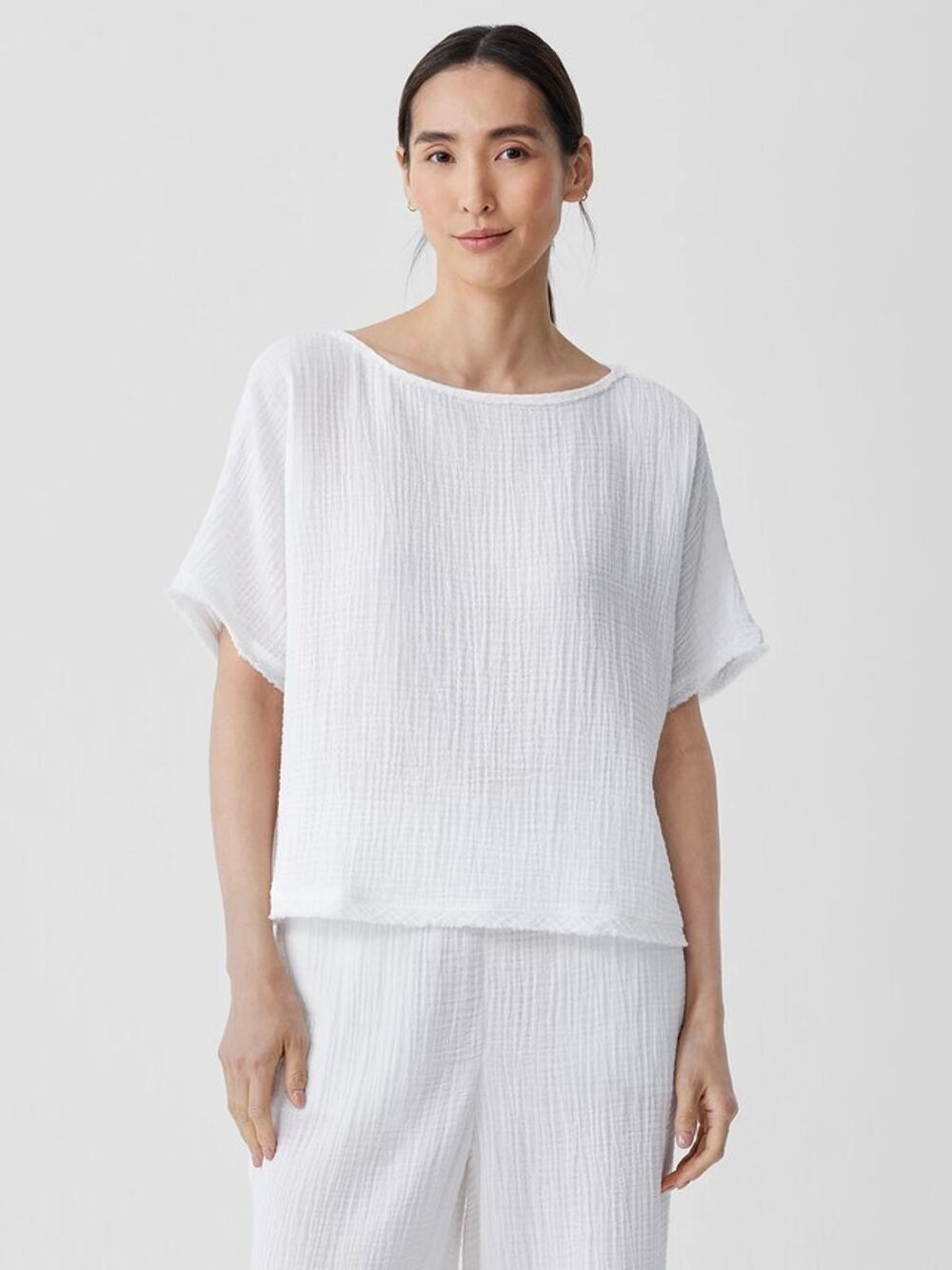 Eileen Fisher Lofty Gauze Bateau Neck White Organic Cotton Top Large